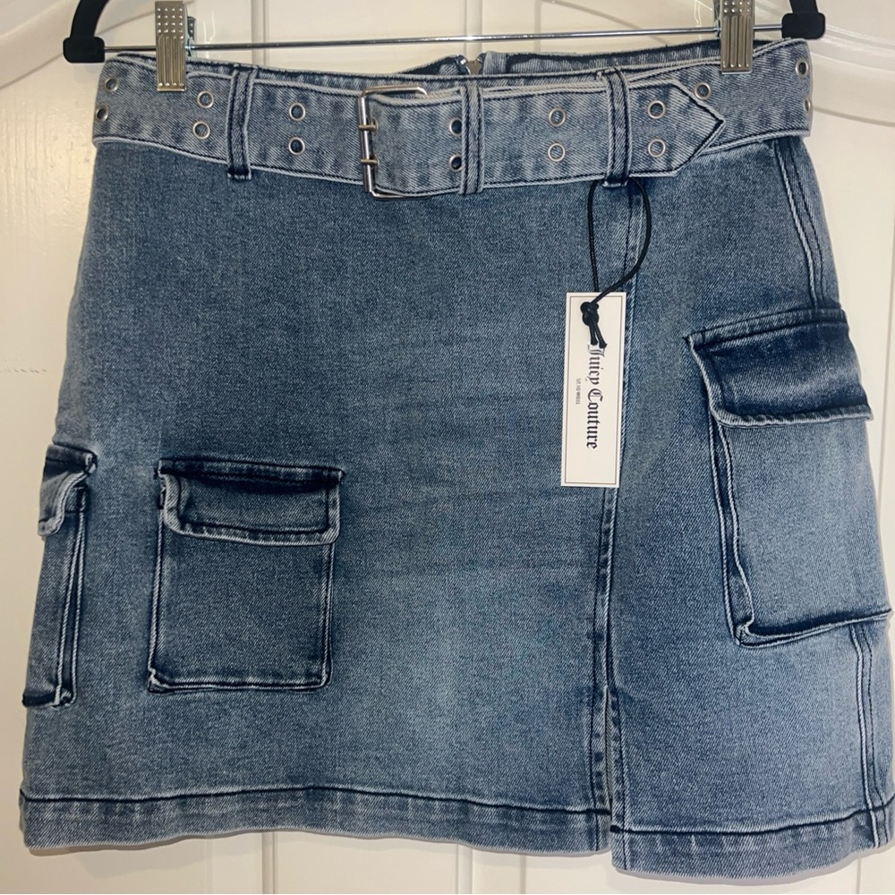 Juicy Couture Denim Jean Cargo Mini Skirt With Belt Women’s Size 30 NWT